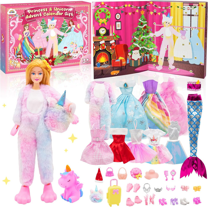 Christmas Advent Calendar 2024 with Princess & Unicorn Doll Toys