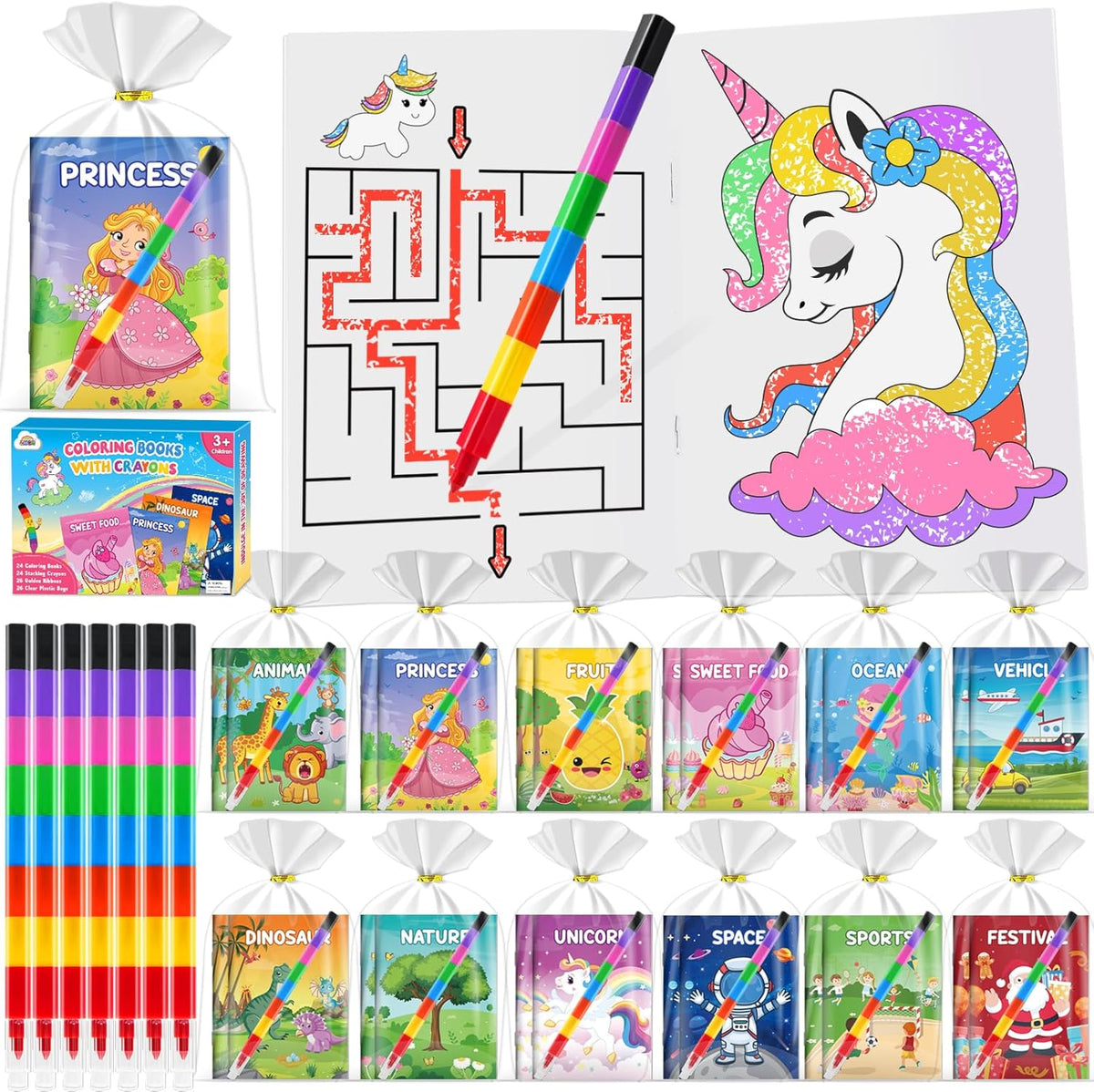 12 Mini A6 Puzzle Books – Colouring & Activity – Party Bag Fillers For Kids – Unicorns & More-1034519