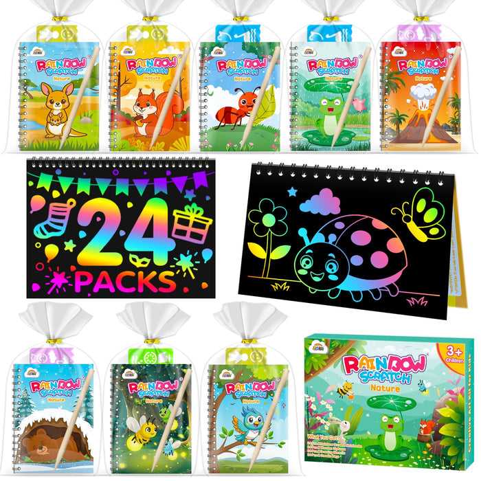 ZMLM 24 Pack Scratch Art Party Favors for Kids 4-8 (Nature)