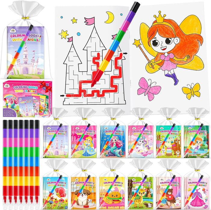 24-Pack Mini Coloring Books with Crayons –Party Favors Ages 4-12
